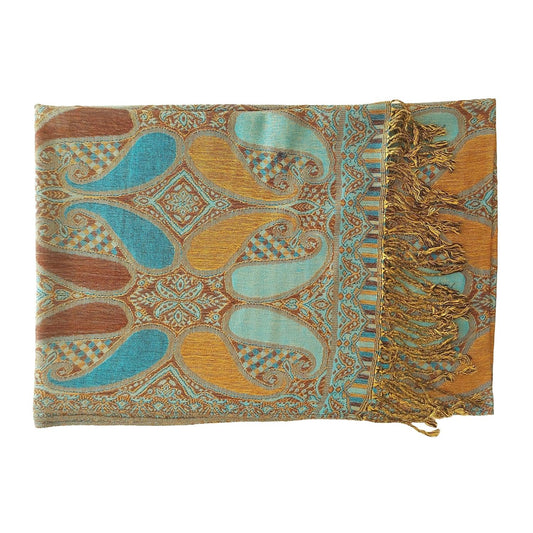 Étole tissée mêlant les bleus et les marrons avec motif Cachemire et formes géométriques. Écharpe foulard châle inspiration Pashmina.