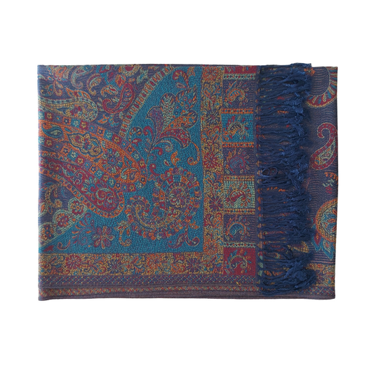 Étole tissée de couleur bleu foncé / bleu marine avec motif Cachemire floral. Écharpe foulard inspiration Pashmina.