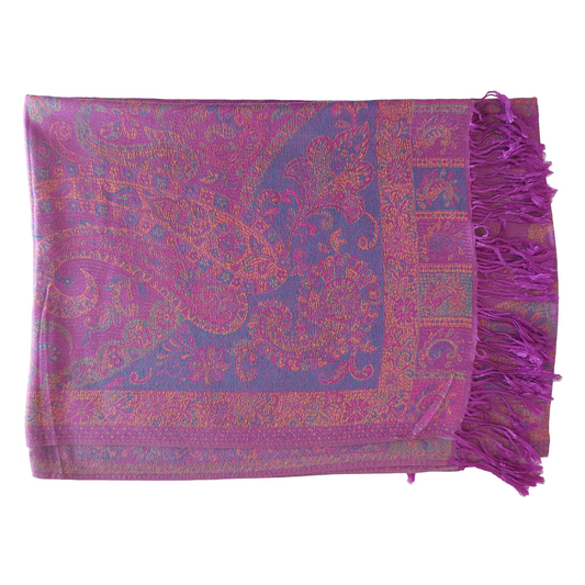 Étole tissée de couleur fuchsia / violet avec motif Cachemire floral. Écharpe foulard inspiration Pashmina.