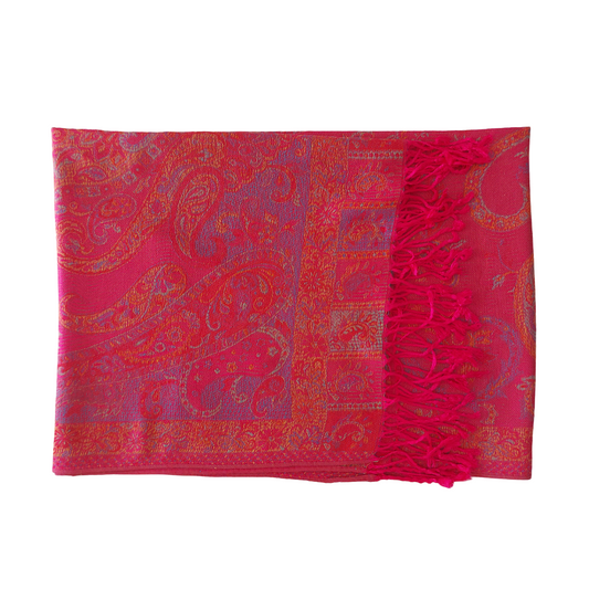 Étole tissée de couleur rose vif / rose bonbon avec motif Cachemire floral. Écharpe foulard inspiration Pashmina.