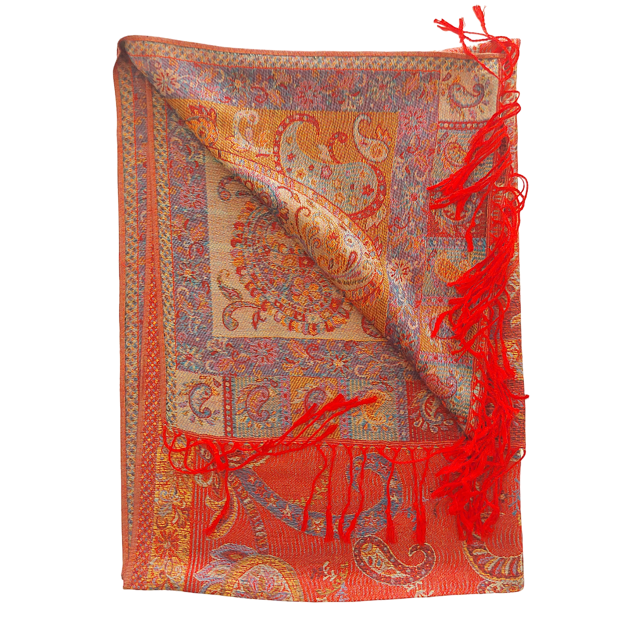 Étole tissée rouge avec motif Cachemire floral. Écharpe foulard inspiration Pashmina.