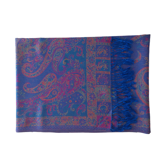 Étole tissée de couleur bleu roi avec motif Cachemire floral. Écharpe foulard inspiration Pashmina.